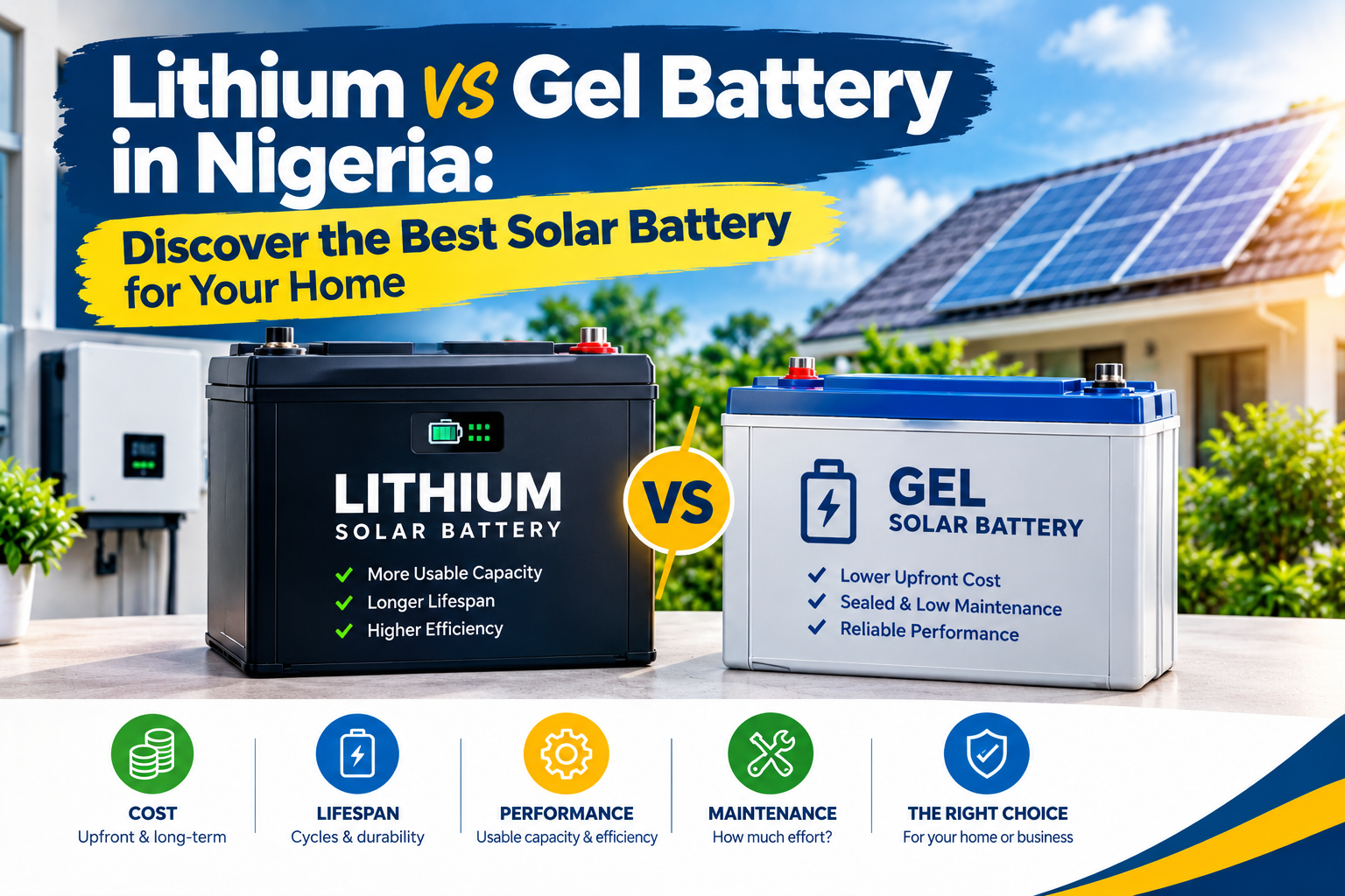 Lithium vs gel solar batteries compared side by side, highlighting cost, lifespan, performance, maintenance, and suitability for homes and businesses in Nigeria.