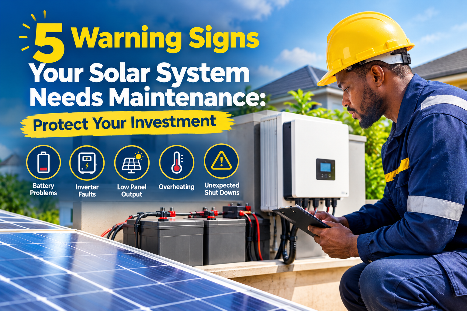 A solar technician inspecting an inverter and battery system beside solar panels, illustrating five warning signs your solar system needs maintenance, including battery problems, inverter faults, low panel output, overheating, and unexpected shutdowns.